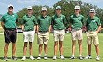 Livingston golf it took seventh place in state Tuesday. The team includes (above, l-r) Coach Frank Brister, Brandon Munson, Drew Davidson, Jack New, Carson Pipes and Brayden Akers. Pipes (below) lines up a shot at the state tournament.