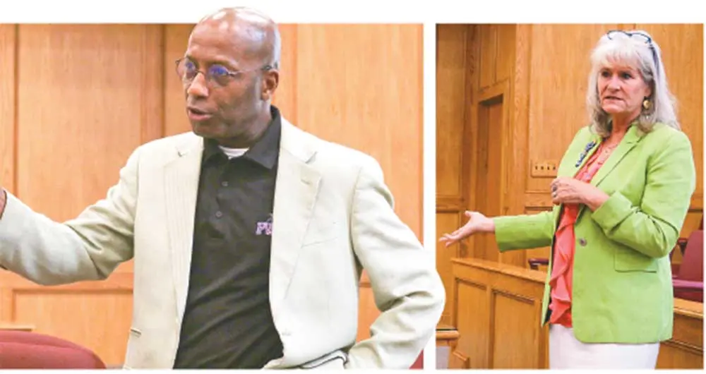 State Representative James White (left) attended Thursday’s meeting to help potential business owners. Polk County Judge Sydney Murphy (right) helped facilitate the meeting.
