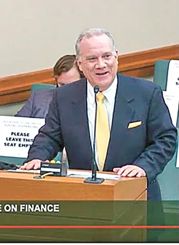 Dr. Thomas A. Johnson, president of Lamar State College Orange, testifies before the Texas Senate’s Finance Committee in February 2021. Courtesy photo