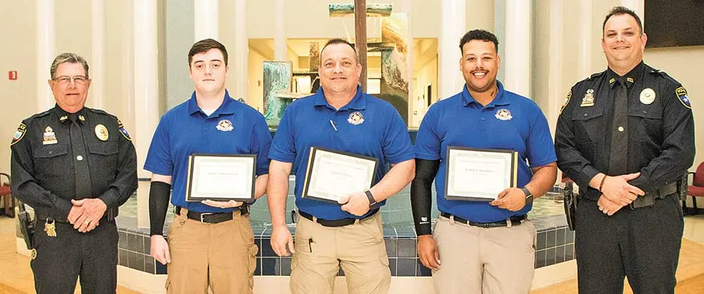 Cadets of Class 109 of the Angelina College Regional Law Enforcement Academy pose following their recent graduation ceremony held on the Angelina College campus. (l-r) AC Police Chief Doug Conn, Bailey Muschweck, Chad Murray, Cedric Knighton and Training Manager Lt. Jack Stephenson. Photo by Gary Stallard/AC News Service