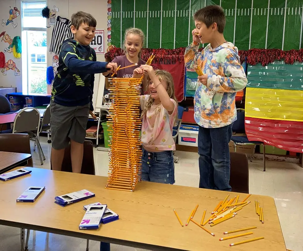 Coldspring Intermediate students reached new heights as they worked together to build towers out of pencils as part of the Tower Project in their third-grade GT class led by Courtney Bailes. The project engaged students with fun activities even as they investigated and converted heights, created word problems, and geographically mapped skyscrapers around the world. Shown from left are Briar Leasman, Evelyn Sanchez, Paisley Simmons and Aidan Sheyn.