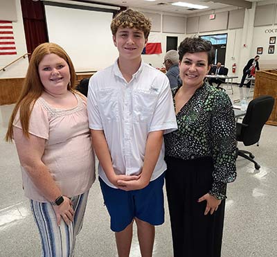 Two outstanding Lincoln Junior High students led the pledges of allegiance at the COCISD Board of Trustees meeting on Monday, Sept. 27: eighth-graders Averi Tucker and Lane Madison (pictured with LJH Principal S. Nikki Henderson). Tucker is a member of the LJH National Junior Honor Society (NJHS) and is an LJH Student Council Representative. Madison is also a member of the NJHS, serves as the LJH Student Council Vice President, participates in the UIL One-Act Play competition, and plays football.