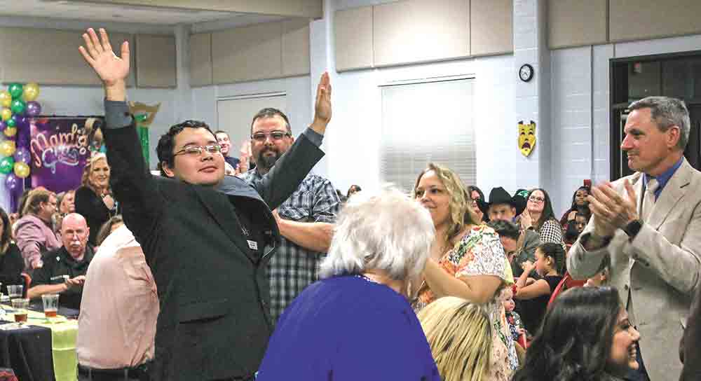 Teddy Elliot reacts to his winning Volunteer of the Year award during the Best of San Jacinto County banquet put on by the Coldspring Chamber of Commerce.  Photo by Tony Farkas