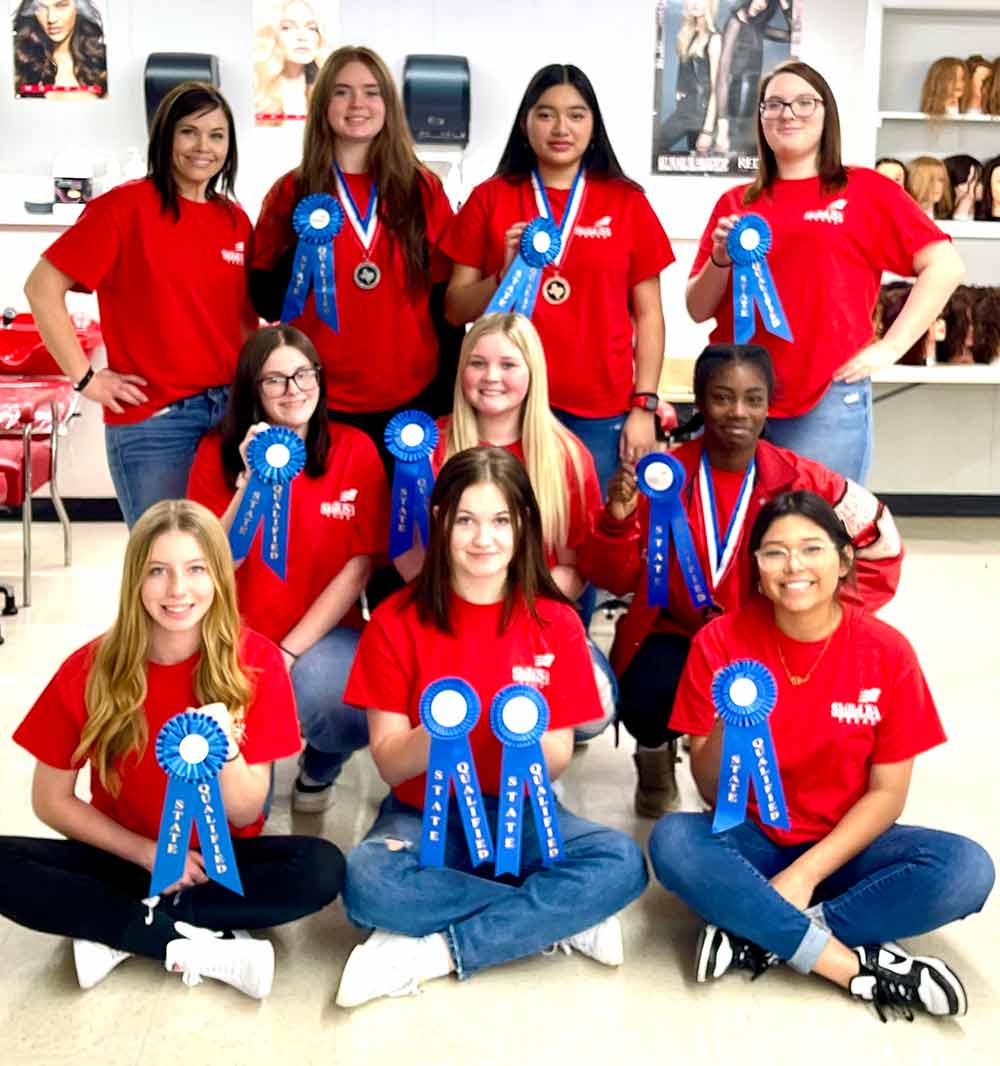 Groveton ISD cosmetology students headed to state include (top row, from left) senior Hailey Bergman, sophomore Adriana Vazquez, and junior Hannah Smith; (middle row, from left) sophomore Emily McCaleb, sophomore Allisyn Cleaver and junior Tanaysha Cole; and (bottom row, from left) freshman Bailee Reed, senior Madison Nash and junior Kaylee Velasquez. Courtesy photo