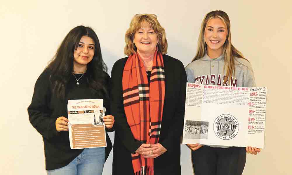 Angelina Rodriguez placed first and Lilly Kate Haynes placed second in a poster contest offered to Livingston High School students in dual credit courses to learn about and celebrate Native American History Month during November. Both students are students in Debra Jenke’s federal government class at Angelina College Polk County Center. (l-r) Rodriguez, Jenke and Haynes. Courtesy photo