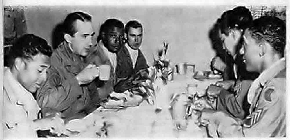 While touring Korea on a Presidential fact-finding mission, Texas Gov. Shivers, eats chow with a group of African American Texans of the Seventh Infantry Divisions. Texas was the first southern state head to openly quit the fight against public school integration. 