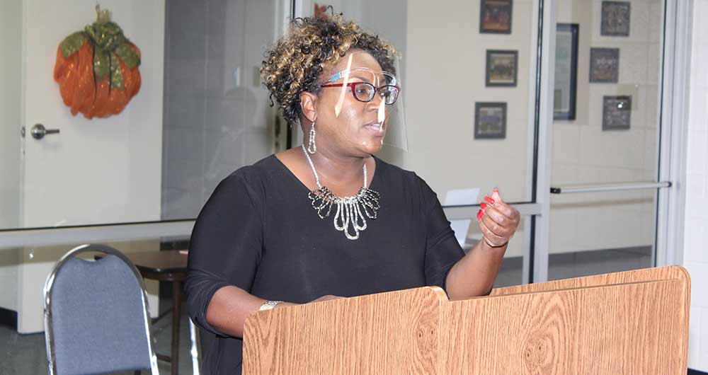 Assistant Superintendent Chanel Veazy, of the Crockett Independent School District, is shown above leading a discussion on an Asynchronous Learning Policy, a new policy with guidelines for making remote learning available to students whose parents want them to receive instruction from their teachers at home via the internet, at a meeting of the district’s board of trustees Monday evening, Sept. 28. (ALTON PORTER|HCC PHOTO)
