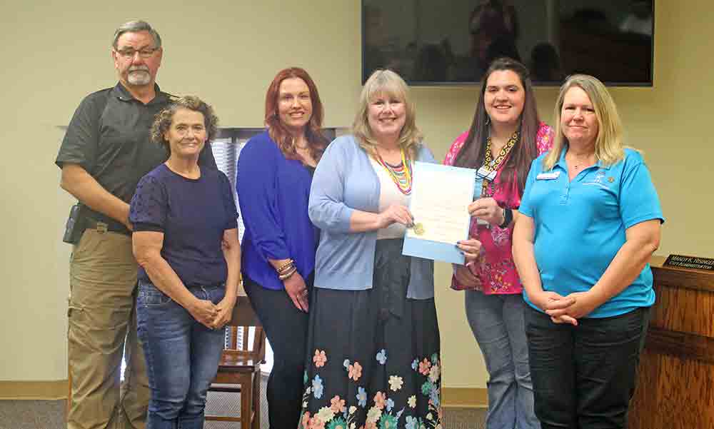 Members of the county’s Child Welfare Board were on hand at the Woodville City Council meeting for the issuing of a proclamation to designate April as Child Abuse Awareness Month. Pictured left-to-right: Mike McCulley; Tina Self; Alicia Jinkerson; Woodville Mayor Amy Bythewood; Tiffani McGallion and Kristie Veillon. MOLLIE LASALLE | TCB