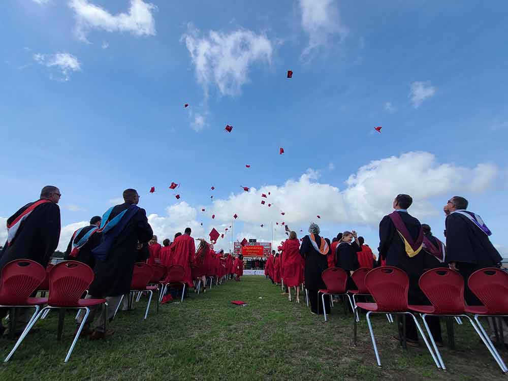 The Coldspring-Oakhurst High School Class of 2021 celebrated the end of their high school years with a jubilant toss of their hats at graduation on Saturday, June 12. (photo by Cassie Gregory)