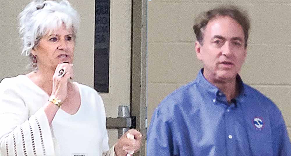 Polk County Judge Sydney Murphy (left) and Dan Reilly of the National Weather Service (right) discuss hurricane preparedness plans and information with the community. Photos by Brian Besch