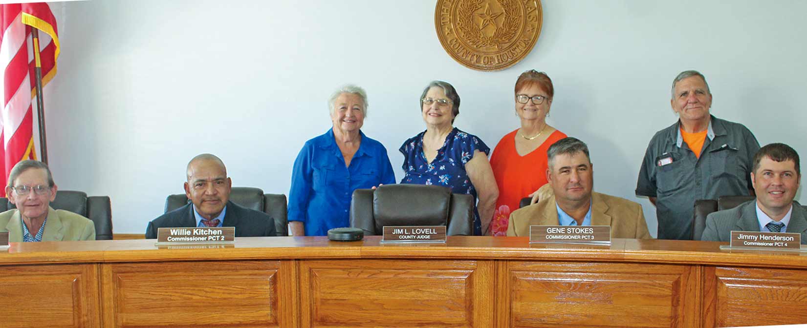 Members of the Houston County Historical Commission, pictured with the Houston County Commissioners, were presented a Distinguished Service Award from the Texas Historical Commission for their outstanding service during Tuesday’s Commissioners Court meeting.  (ALTON PORTER | HCC)