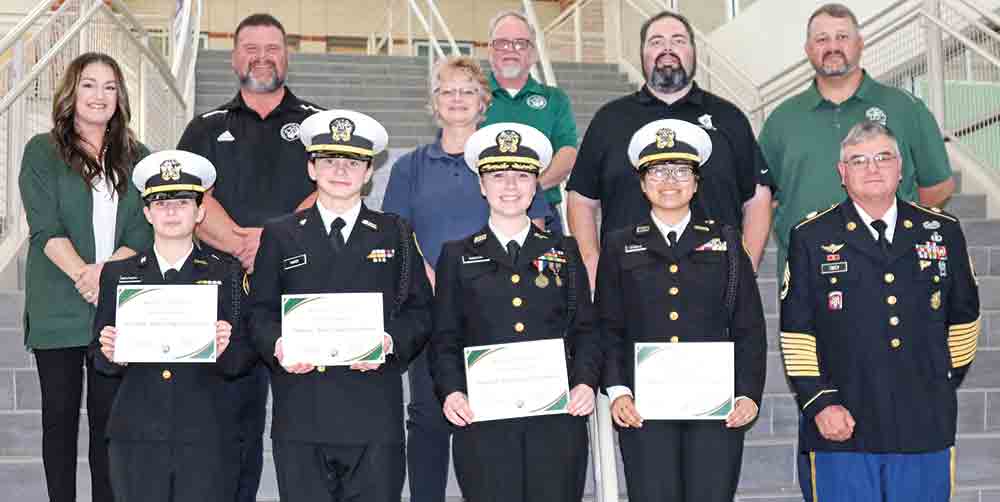 The Livingston High School Navy National Defense Corps received the honor of Distinguished Unit with Academic Honors for the 2022-2023 school year and ranked No. 5. The Big Cat Battalion has been a Navy NNDCC for five years and has achieved this standard for four years in a row. They are the only NNDCC unit on the distinguished list. NNDCC Leaders include Battalion Commander, Cadet Commander Leah Robeson; Assistant Instructor, Cadet Captain Samantha Rodriguez; Battalion Executive Officer, Cadet Lieutenant Tristan Hardy; Battalion Executive Officer, Cadet Lieutenant Jaime Hopson; Battalion Executive Officer, Cadet Lieutenant Stacy Weatherspoon; and Command Master Chief, Cadet Master Chief Petty Officer Cody McCarty. The color guard is Battalion Executive Officer, Cadet Lieutenant Jaime Hopson and Battalion Executive Officer, Cadet Lieutenant Stacy Weatherspoon. COURTESY PHOTO