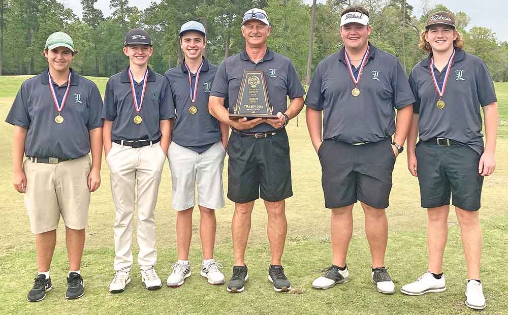Livingston golf shows off their new hardware after claiming a district championship. Members of the team are (left to right) Drew Davidson, Brandon Munson, Jackson New, Coach Frank Brister, Breckett Long and Tucker Cherry.  COURTESY PHOTO