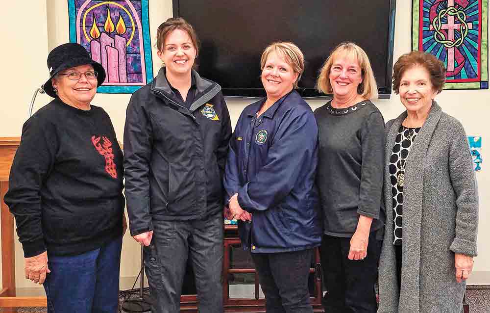Polk County Emergency Management Coordinator Courtney Comstock and Fern Caddenhead presented a program to the Polk County Chapter of the American Association of University Women (AAUW) recently. (l-r) AAUW Co-President Virginia Key, Comstock, Caddenhead, Susie Thornton and AAUW Co-President Linda Garner. Photo by Emily Banks Wooten