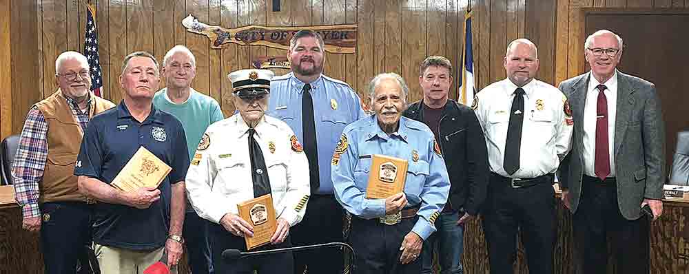 The Trinity City Council recognized retiring members of the Fire Department at its Thursday meeting. Wayne Huffman, Jerry Tullos and Mike Mayo were presented plaques for their years of service by Mayor Billy Goodin. Wayne Huffman was recognized for 60 years, Jerry Tullos for 54 years and Mike Mayo for 30 years. Courtesy photo