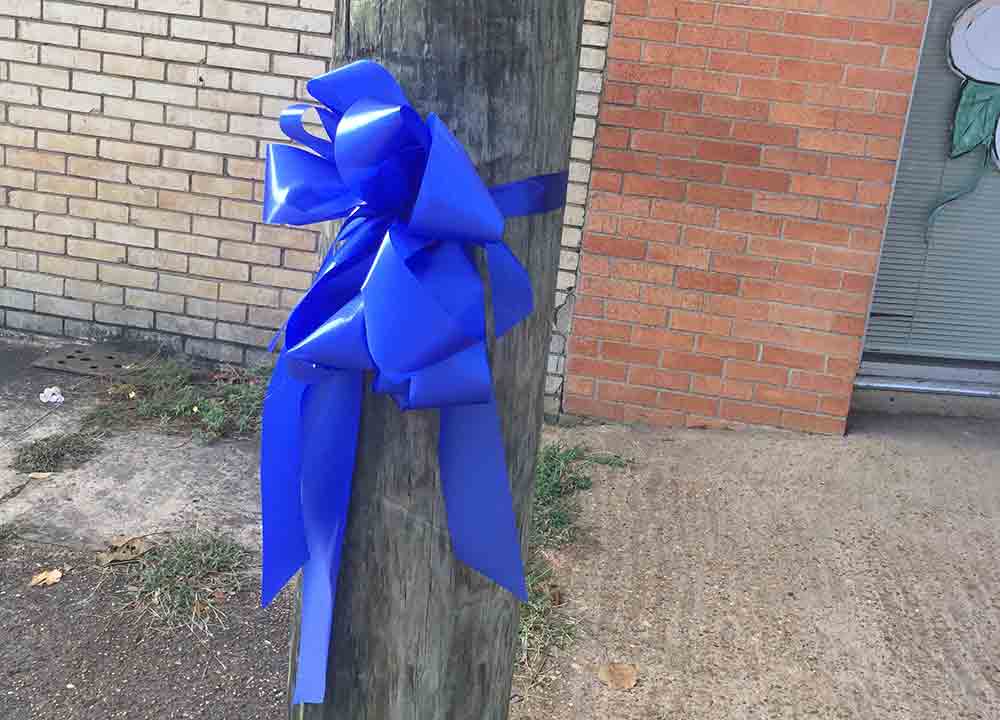 A blue ribbon on a utility pole in downtown Woodville is displayed to show support for officer Troy Costello.  CHRIS EDWARDS | TCB