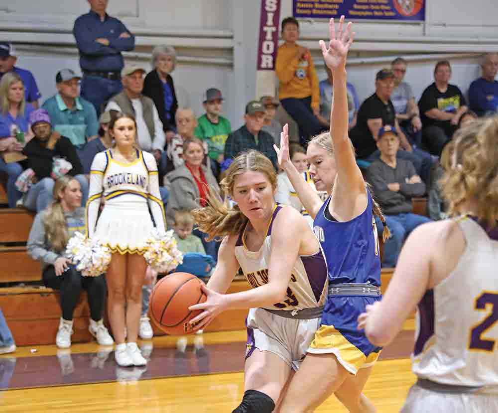 Kyli Handley works to get by a Brookeland defender as Saydi Handley looks for the pass. BECKI BYRD | TCB