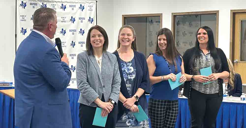 The Shepherd ISD principals, Danielle McCabe, Ty Stanley, Patricia Owens and Alissa Lott, were honored by Superintendent Jason Hewitt for National Principals Month. COURTESY PHOTO