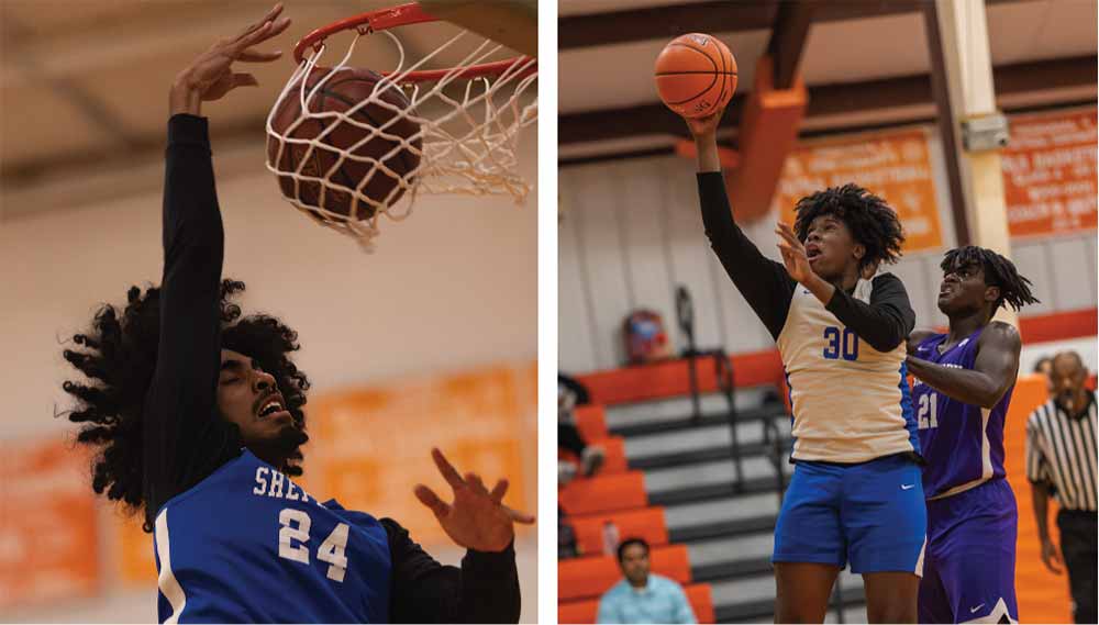 ( Left ) Tristen Cullum slams a dunker during the warmup period to set the mode of the scrimmage against Big Sandy. ( Right) Tristen Cullum slams a dunker during the warmup period to set the mode of the scrimmage against Big Sandy. Photos by Charles Ballard by Charles Ballard