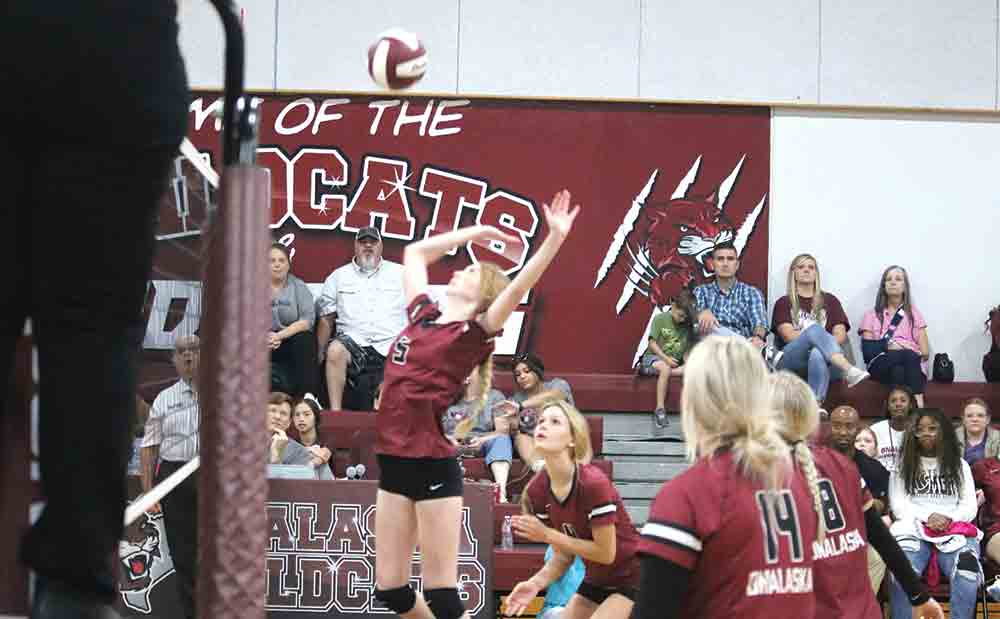 Destiny Lindley leaps to send it back over the net.
