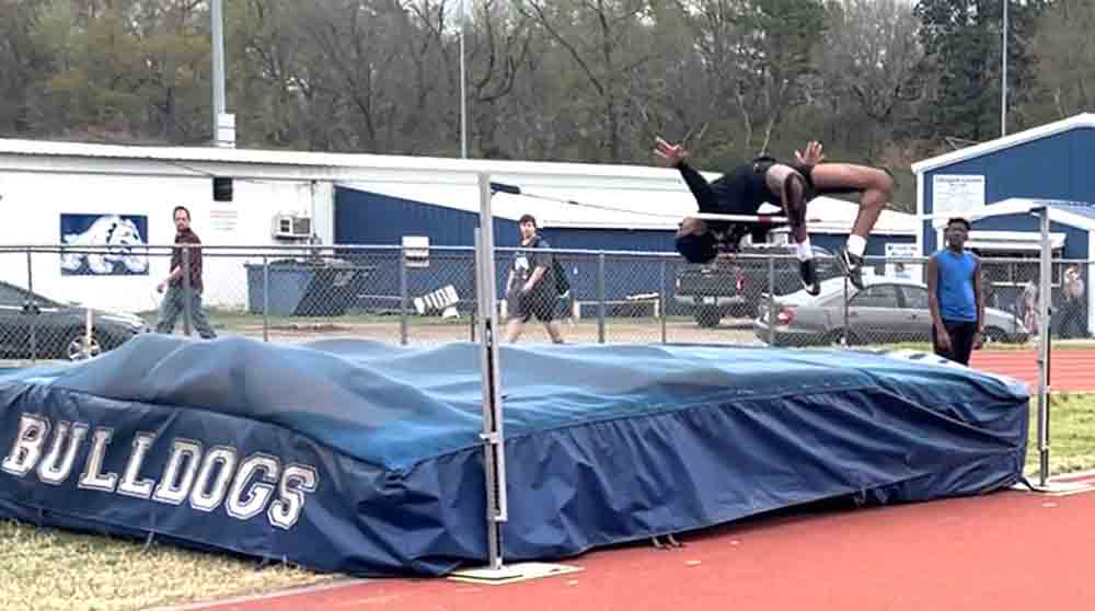 At the Corrigan-Camden Relays on Thursday, Trinity Lady Tiger high jumper Mariah Lewis jumped a personal best and holds the school record jump of 5 feet 8 inches. Courtesy photo 