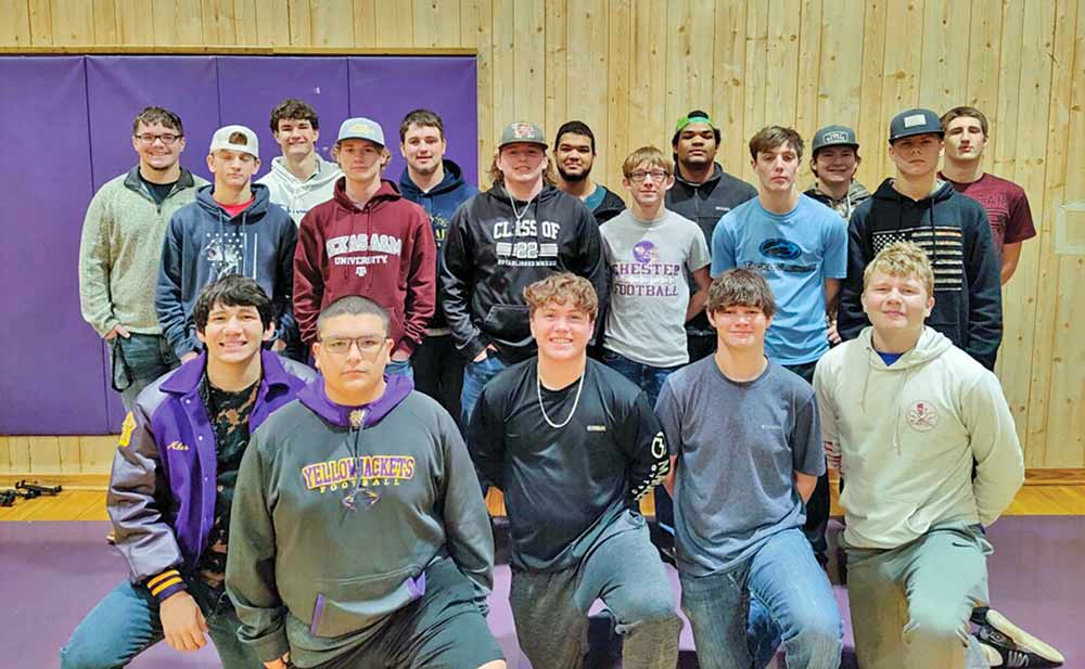 The Chester Yellowjackets had numerous All-District selections this season.  Picture, front row (left-to-right): Miles Redwine, Jaxson Hilliard, Jeff Knox, Will Thomason and Cutter Lowe. Middle row:  Payton Lacox, Peanut Fann, Colton Pursley, Zayne Barnhart, Rick Carlton, and Kessler Romo. Back row: Jackson Knox, Carson Thomson, Carsyn Whitworth, Kaighnen Green, Keighen Green, Ethan Vinson and P.J. Purvis. (JANA RAYBURN | TCB )