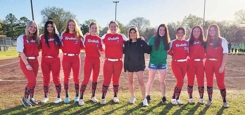 The 2021 15u TTAS State Champion Crockett Fireballs honored during the opening ceremony Saturday were Malley Moore, Marysol Lopez, Shelby Eberts,  Madilyn Smith, Baylee Omelina, Harlie Hoch, Taylor Dise, Natalie Nicol, Charlee Biano and Katy Allen. Not pictured are Lauren Woodard and Morgan Terry.