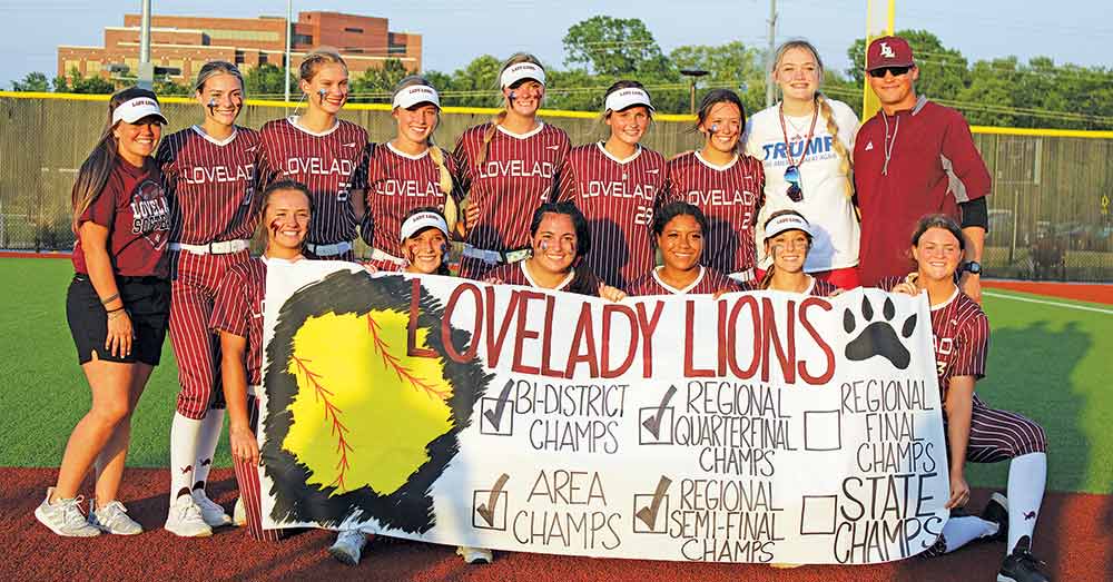 Lovelady Lady Lions pose for a celebratory photo after winning the area championship over Bosqueville last Friday. Pictured are (front l-r) Macie LaRue, Arris LeMaire, Mihyia Davis and Haley Davidson; (back l-r) assistant coach Taylor Rich, Chelsea Butler, Jada Johnson, Aaliyah Jones, Shelby Pugh, Shyanne Pipkin, Lexi Price and head coach Kollyn McWhinney. Not pictured is Haley Shupak.  Lawanna Monk Photo