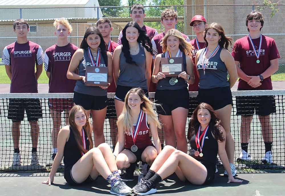 Spurger’s tennis teams show off some of their hardware earned from the district meet. PHOTO COURTESY OF SPURGER ISD 