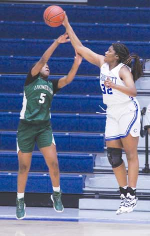 Crockett's Tacorra Johnson (32) swats the ball away from a  Livingston shooter during the Lady Dogs Thanksgiving Classic Saturday in The Hop. (LARRY LAMB   HCC)